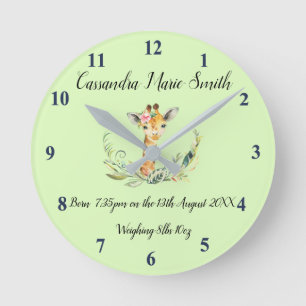 Baby's Birth Memento With Baby Giraffe Round Clock