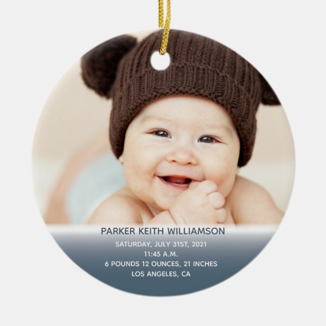Baby's Birth Stats 1st Christmas Blue Photo Ceramic Ornament (Front)
