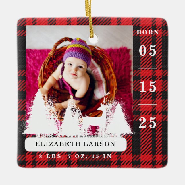 Baby's Birth Stats First Christmas Plaid Pattern Ceramic Ornament (Front)