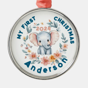 Baby's Boy First Christmas Cute Elephant Metal Ornament