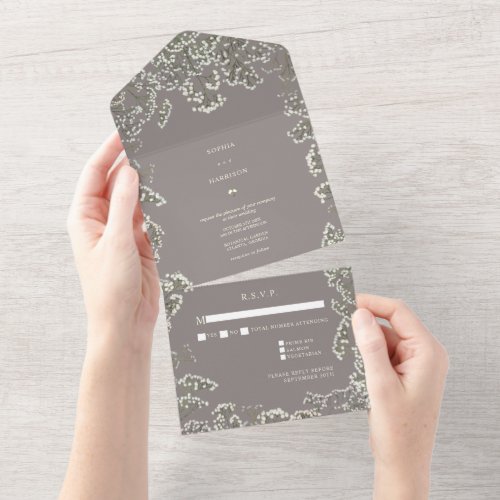 Babys Breath Amethyst Green Wedding RSVP All In One Invitation