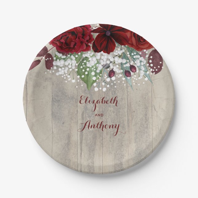 Baby's Breath and Burgundy Flowers Rustic Wedding Paper Plates (Front)