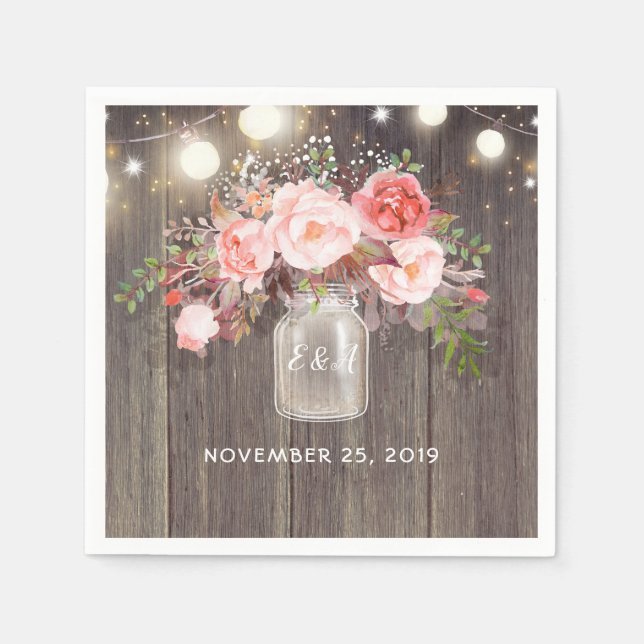 Baby's Breath and Pink Floral Mason Jar Rustic Napkins (Front)