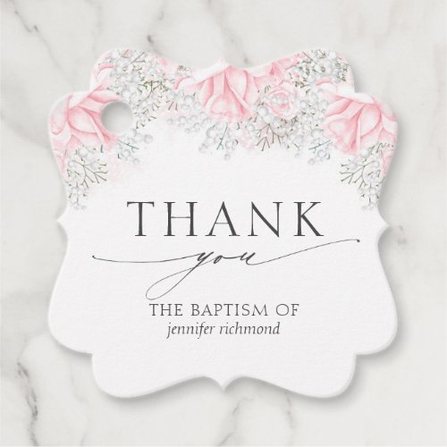 Babys Breath and Pink Flowers Baptism Thanks Favor Tags