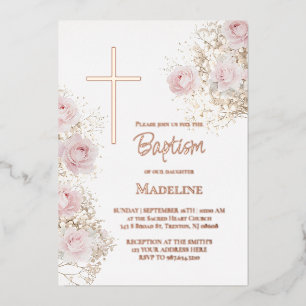 baby's breath and pink roses Baptism Foil Invitation