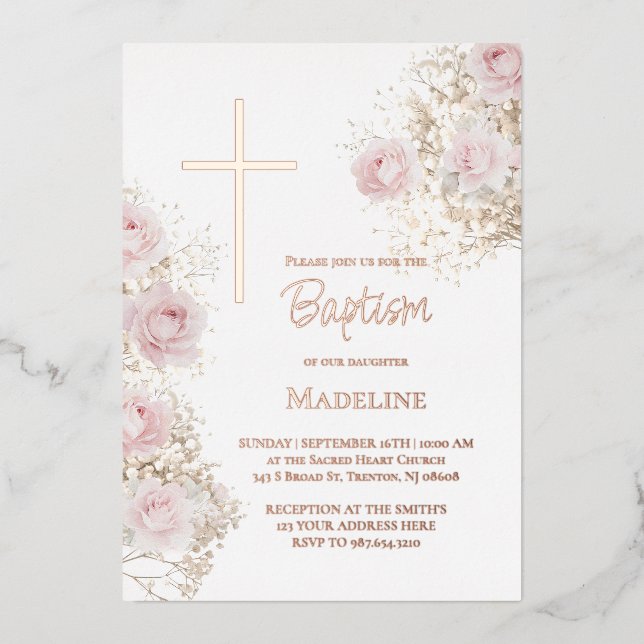 baby's breath and pink roses Baptism Foil Invitation (Front)