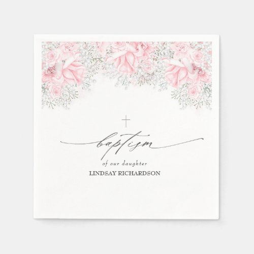 Babys Breath and Pink Roses Baptism Napkins