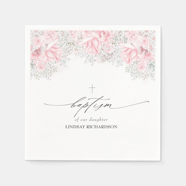 Baby's Breath and Pink Roses Baptism Napkins (Front)