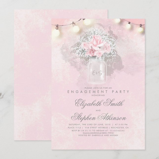 Baby's Breath and Pink Roses Engagement Party Invitation (Front/Back)