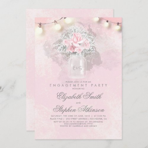 Babys Breath and Pink Roses Engagement Party Invitation