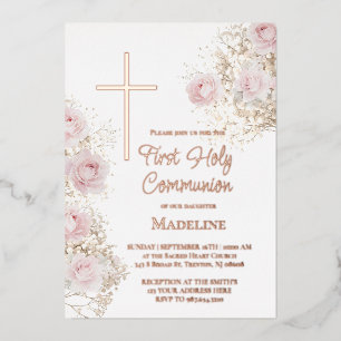 baby's breath and pink roses First Communion Foil Invitation