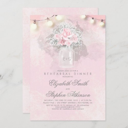 Babys Breath and Pink Roses Rehearsal Dinner Invitation