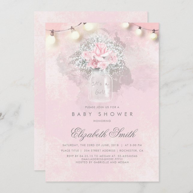 Baby's Breath and Pink Roses Rustic Baby Shower Invitation (Front/Back)