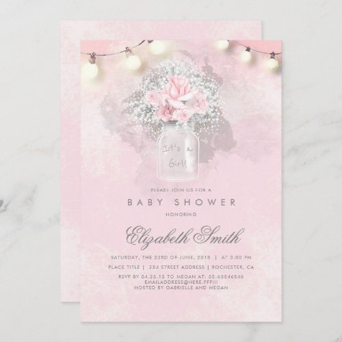 Babys Breath and Pink Roses Rustic Baby Shower Invitation