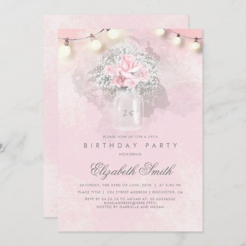 Babys Breath and Pink Roses Rustic Birthday Party Invitation