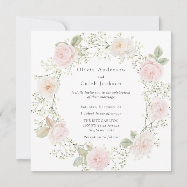 Baby's Breath and Pink Roses Wedding Invitation (Front)