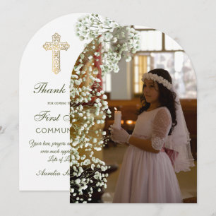 Baby's Breath Arch First Communion Thank You Card