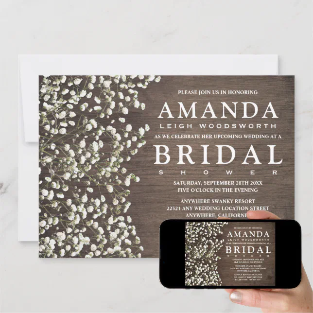 Baby's Breath Barn Wood Bridal Shower Invitations | Zazzle