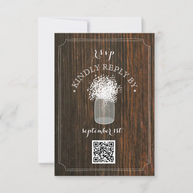 Baby's Breath Barn Wood Mason Jar QR Code RSVP Card (Front)