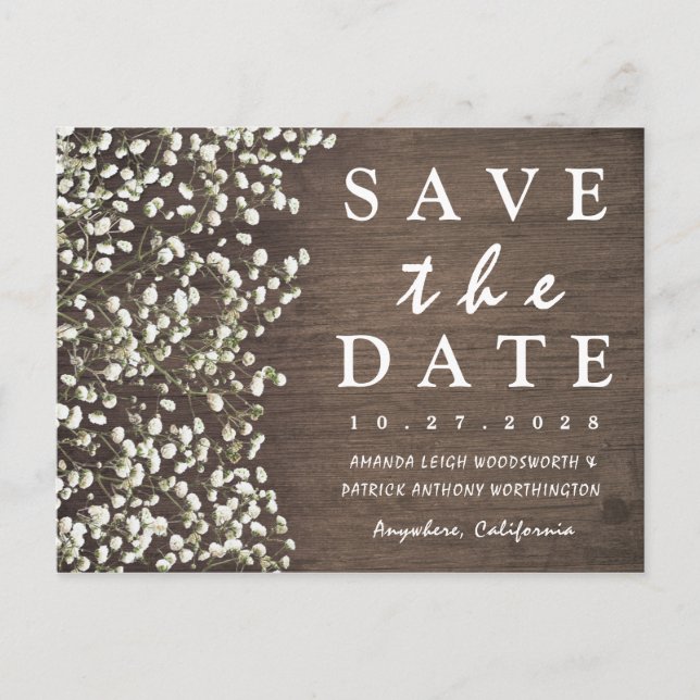 Baby's Breath Barn Wood Save The Date Cards (Front)