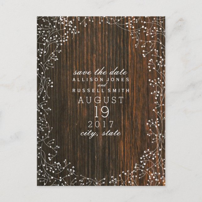 Baby's Breath Barnwood Inspired Save The Date Announcement Postcard (Front)