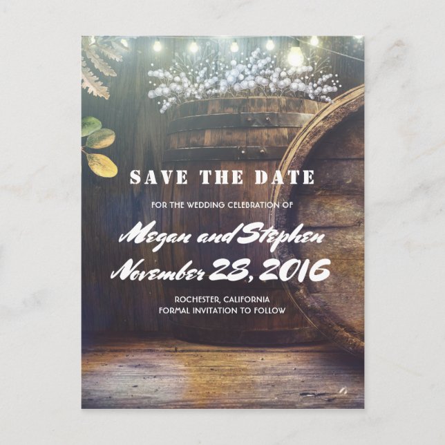 Baby's Breath Barrel Rustic Country Save the Date Announcement Postcard (Front)