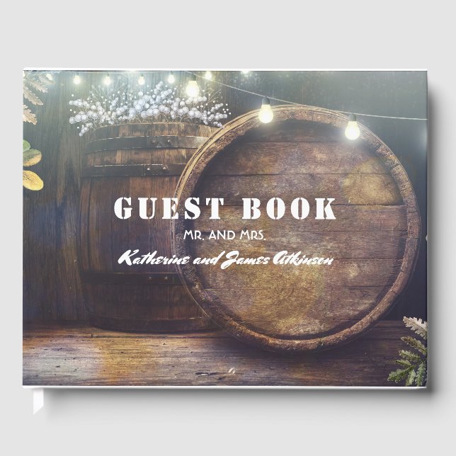 Baby's Breath Barrel Rustic Wood Wedding Guest Book (Front)