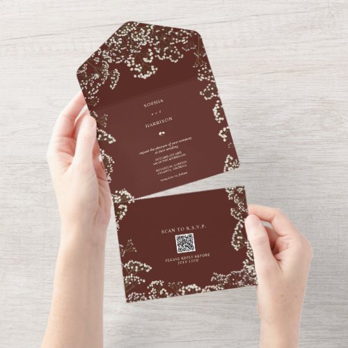 Babys Breath Beet Red QR Code RSVP All In One Invitation