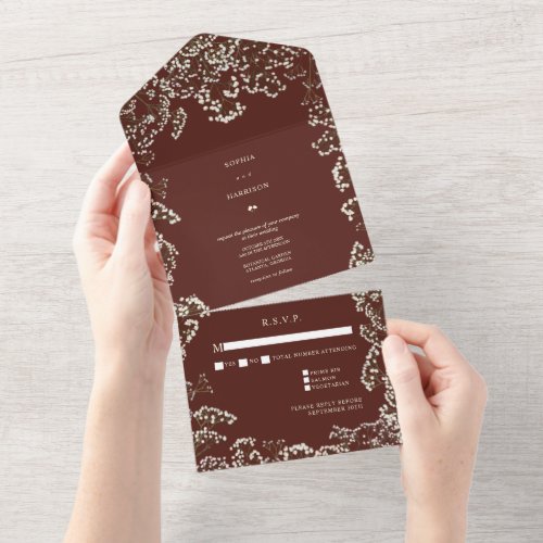 Babys Breath Beet Red Wedding RSVP All In One Invitation