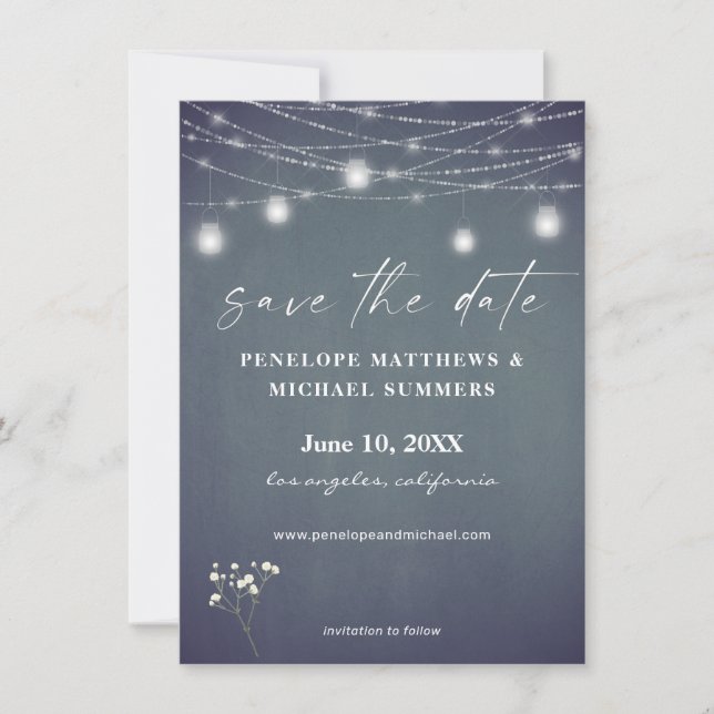 Baby's Breath Blue Gray Chalkboard Save The Date (Front)