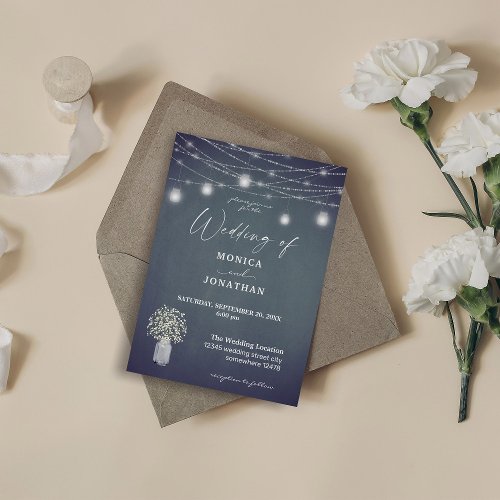 Babys Breath Blue Gray Chalkboard  String Lights Invitation