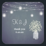Baby's Breath, Blue Gray Chalkboard String Lights Square Sticker<br><div class="desc">Make your invitations or thank you notes pop with your Baby's Breath,  Blue Gray Chalkboard,  & Mason Jar String Lights Monogram sticker.</div>