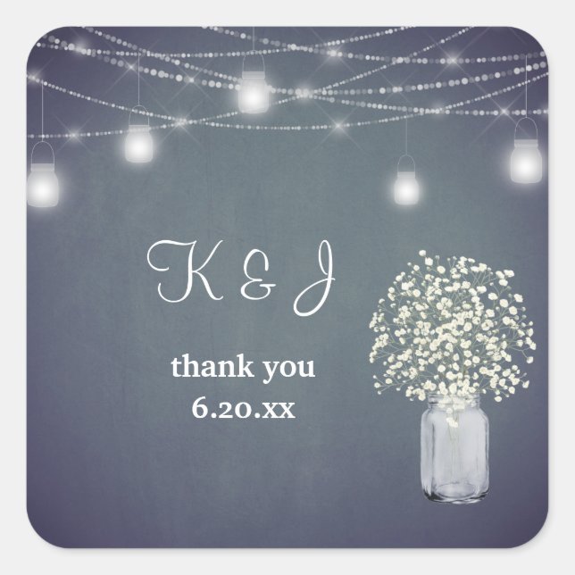 Baby's Breath, Blue Gray Chalkboard String Lights Square Sticker (Front)