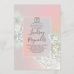 Baby's Breath Blush Pink Floral Girls Baptism Invitation