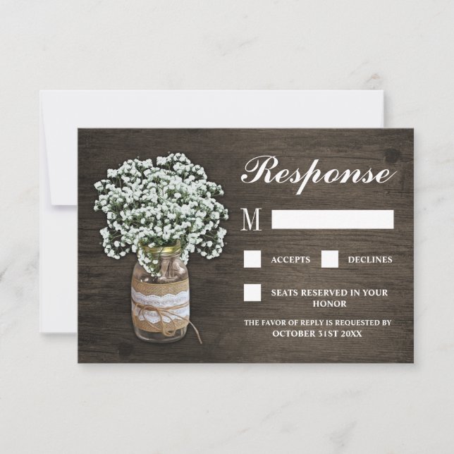 Baby's Breath Burlap Mason Jar Wedding RSVP Cards (Front)