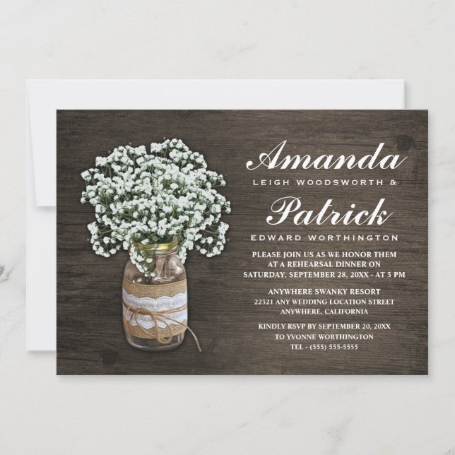 Baby's Breath Burlap Rehearsal Dinner Invitations (Front)