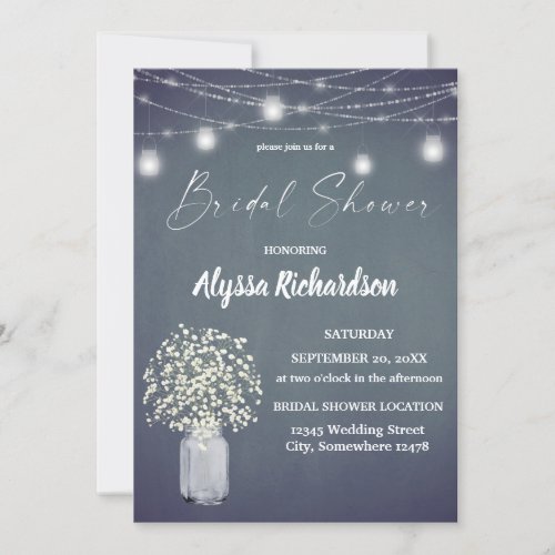 Babys Breath Chalk BG String Lights Bridal Shower Invitation