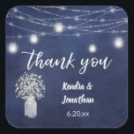 Baby's Breath Chalkboard Blue& String Lights Thank Square Sticker<br><div class="desc">Make your invitations or thank you notes pop with this Baby's Breath,  blue Chalkboard ,  & Mason Jar String Lights thank you sticker.</div>