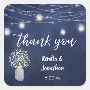 Baby's Breath Chalkboard Blue& String Lights Thank Square Sticker