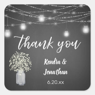 Baby's Breath Chalkboard Gray& String Lights Thank Square Sticker