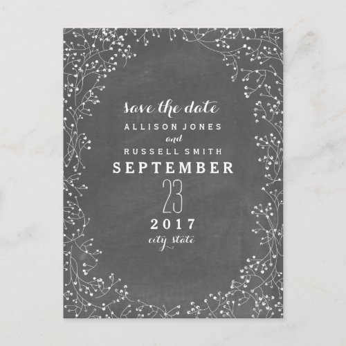 Babys Breath Chalkboard Inspired Save The Date Announcement Postcard