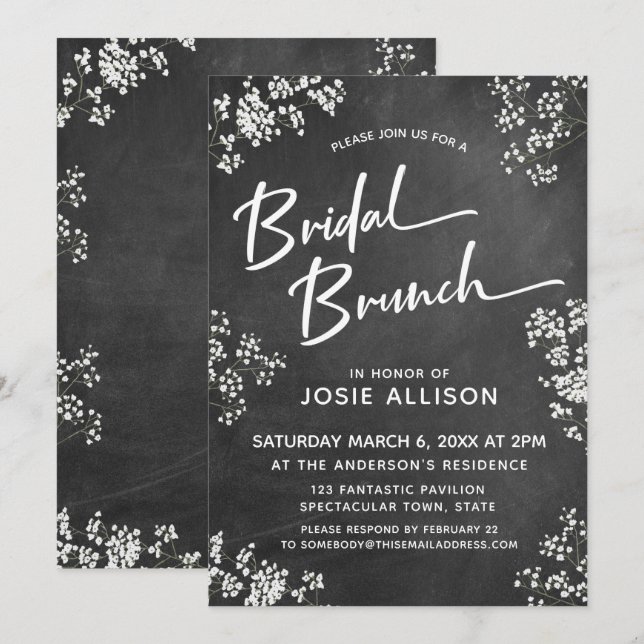 Baby's Breath Chalkboard Modern Bridal Brunch Invitation (Front/Back)