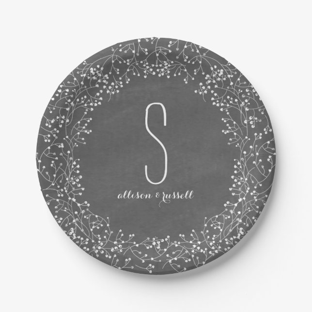 Baby's Breath Chalkboard Monogram Wedding Paper Plates (Front)