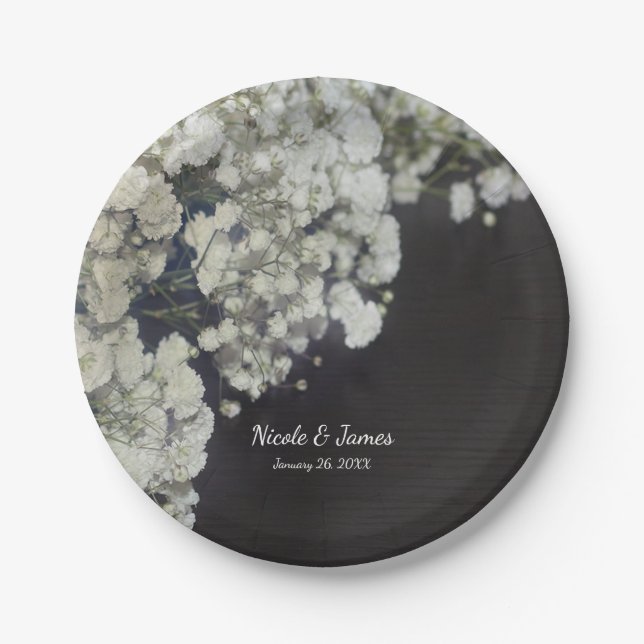 Baby's Breath & Dark Wood Elegant Floral Party Paper Plates (Front)