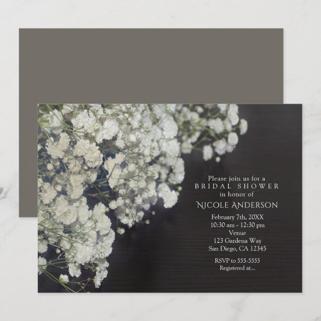 Baby's Breath & Dark Wood Rustic Bridal Shower Invitation (Front/Back)