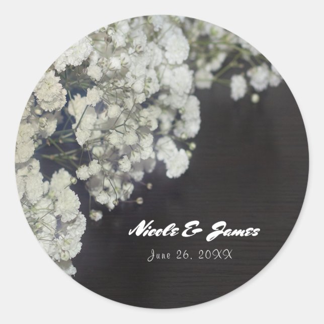 Baby's Breath & Dark Wood Rustic Elegant Favor Classic Round Sticker (Front)
