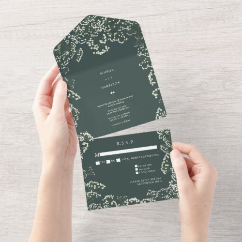 Babys Breath Emerald Green Wedding RSVP All In One Invitation