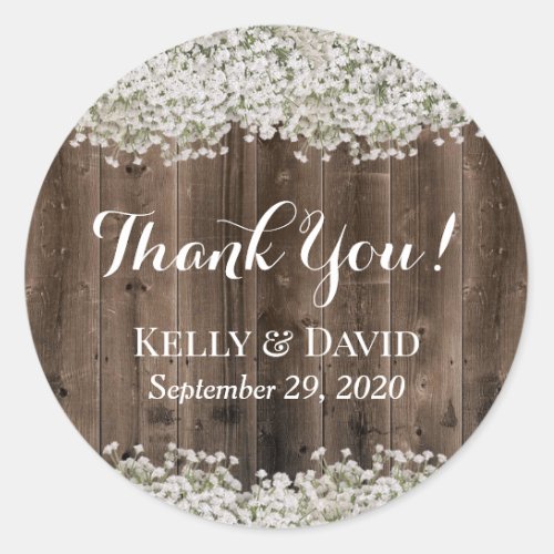 Babys Breath Floral Barn Wood Rustic Wedding Classic Round Sticker