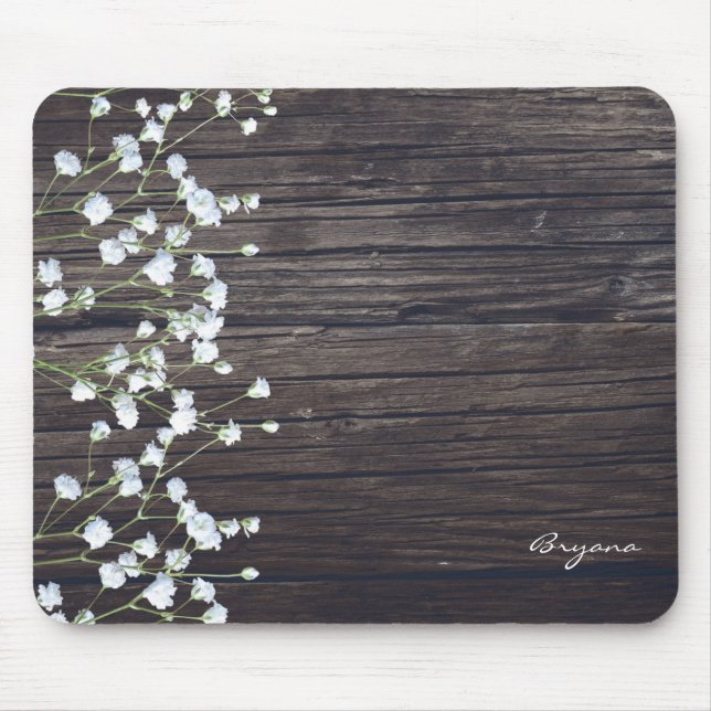 Baby's Breath Floral & Dark Rustic Wood Country Mouse Pad (Front)