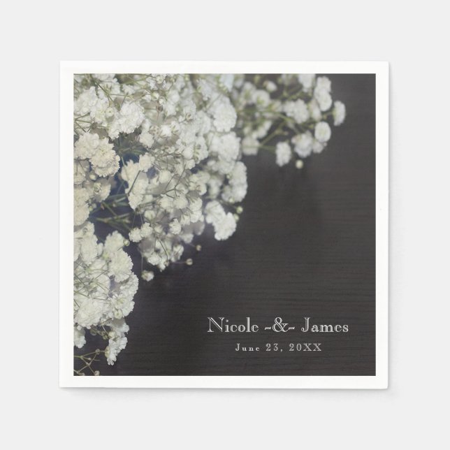 Baby's Breath Floral & Dark Rustic Wood Party Paper Napkins (Front)